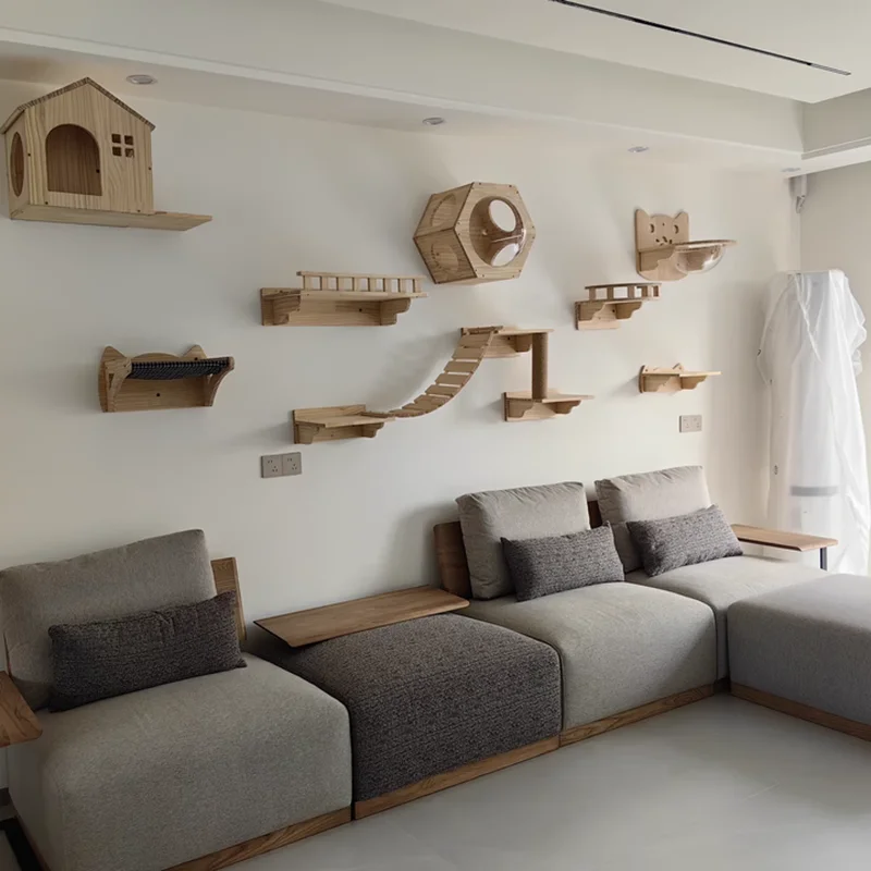 Paríso de gato montado en la pared para interiores Hamaca con puente para gatos Pasos de madera o rascador Para gatos para descansar y jugar - imagen 4