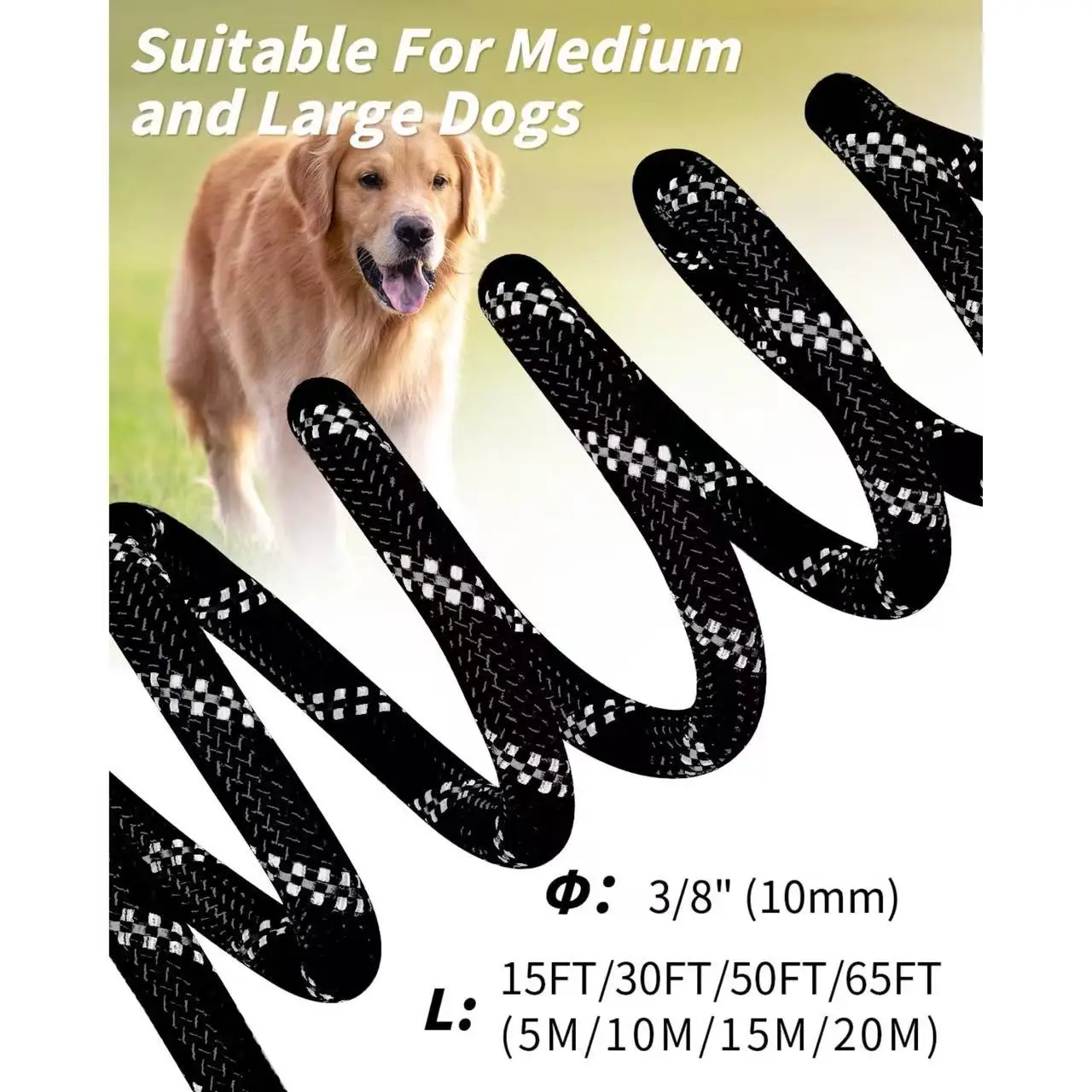 Correa de 30 pies de largo para perro con mango acolchado extraíble, correa de entrenamiento reflectante para jugar, acampar, amarre en el patio trasero - imagen 5