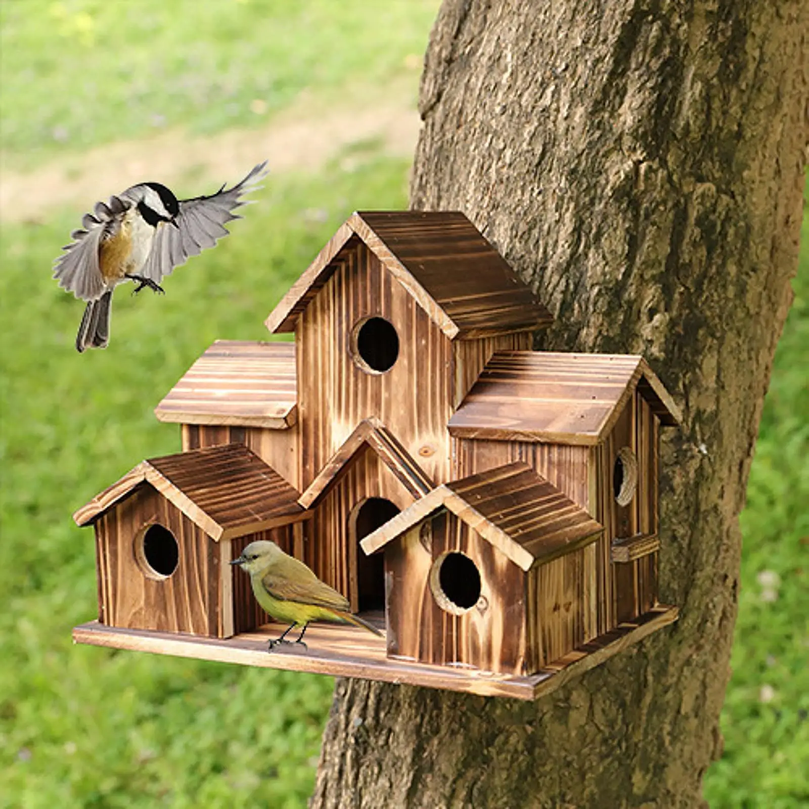 Wooden Bird House Bird Cage Garden Decor, Rustic Hanging Birds Hut Hummingbird Nest, Hanging Bird Feeder for Yard Outdoor