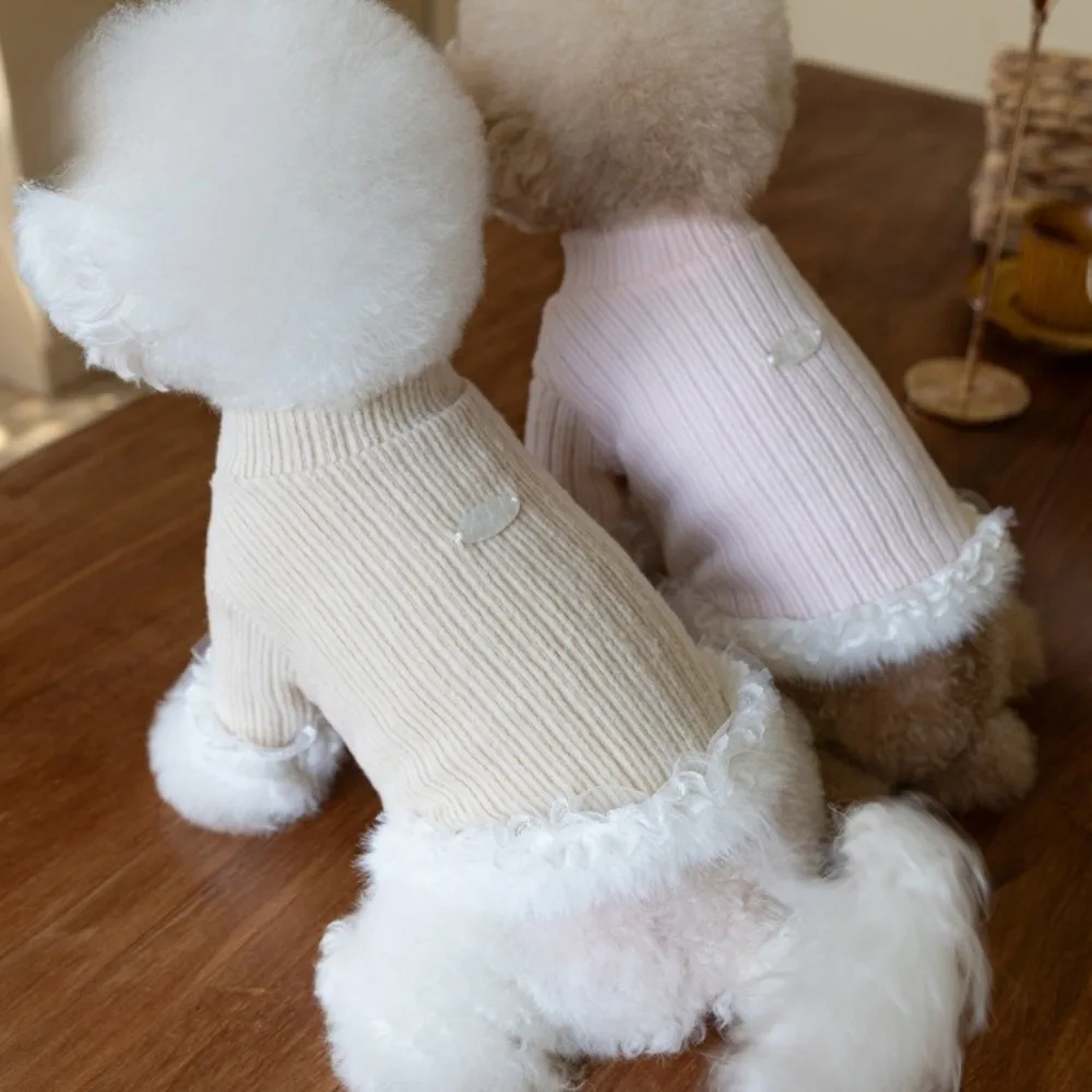 Suéter de cuello alto de felpa para otoño/invierno para mascotas, puños de pelo de conejo de encaje cálido, suéter Base de peluche para gatos, ropa para perros pequeños