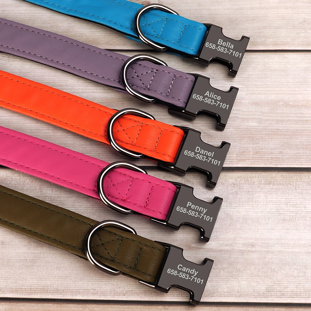 Collar de perro personalizado, collares de cuero PU personalizados para perro, Collar ajustable con etiqueta de nombre de identificación de mascota para perros pequeños y medianos, Pug Perros S-L - imagen 3