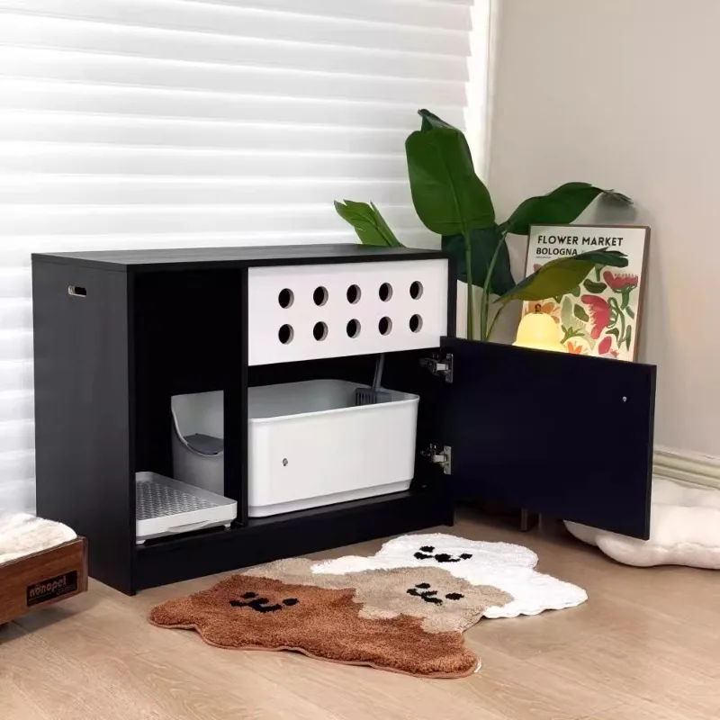 Gabinete de inodoro para gatos, cerrado, a prueba de fugas de arena, viento nórdico, madera maciza negra, diseño de lujo, caja de arena para gatos, gabinete para limpieza de mascotas