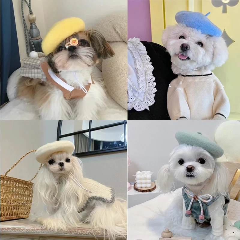 Gorro de lana de pintor de color caramelo, Boina de perro cachorro, mini tocado de foto decorativo, diseñador de lujo de Navidad, sombrero de gato - imagen 3