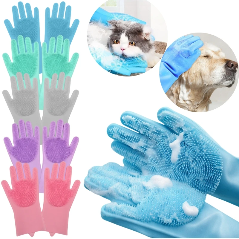 Guantes de limpieza para el cuidado de mascotas, guante de champú para baño para perros y gatos, limpiador mágico para lavavajillas, guante de silicona para depilación de perros