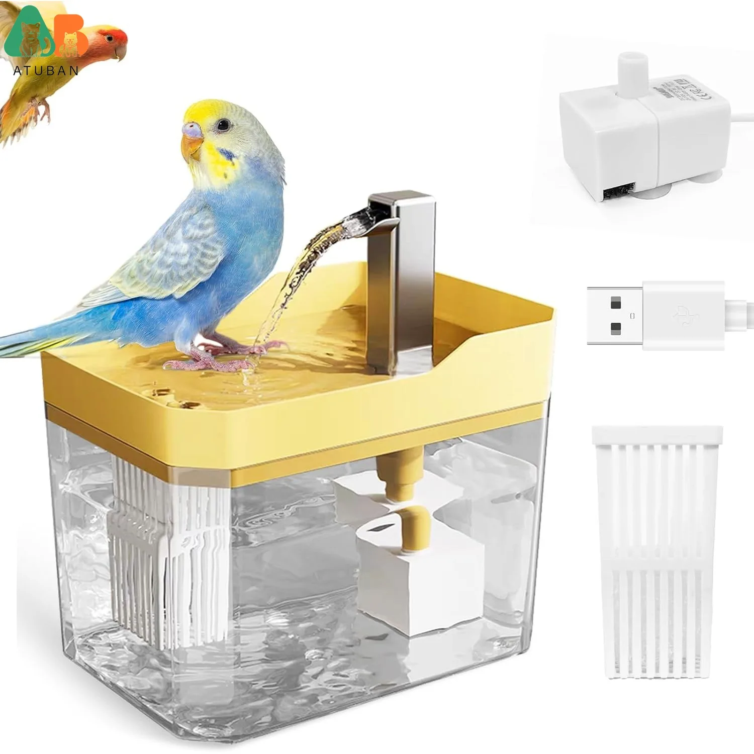 ATUBAN Baño automático para pájaros con periquitos con bomba, fuente de ducha para pájaros, bañera interior con agua corriente, grifo para bañera para loros