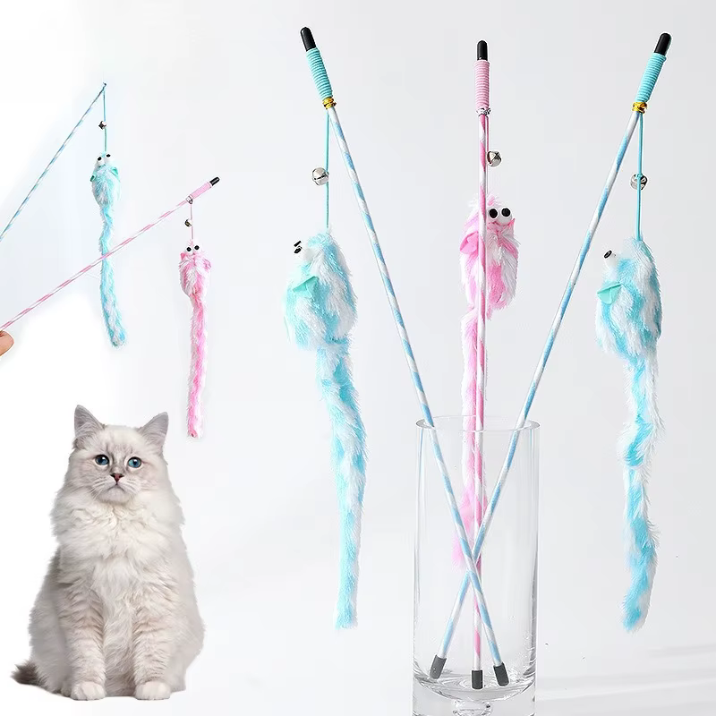 Juguete interactivo para gatos con varita, campana y ratón de peluche