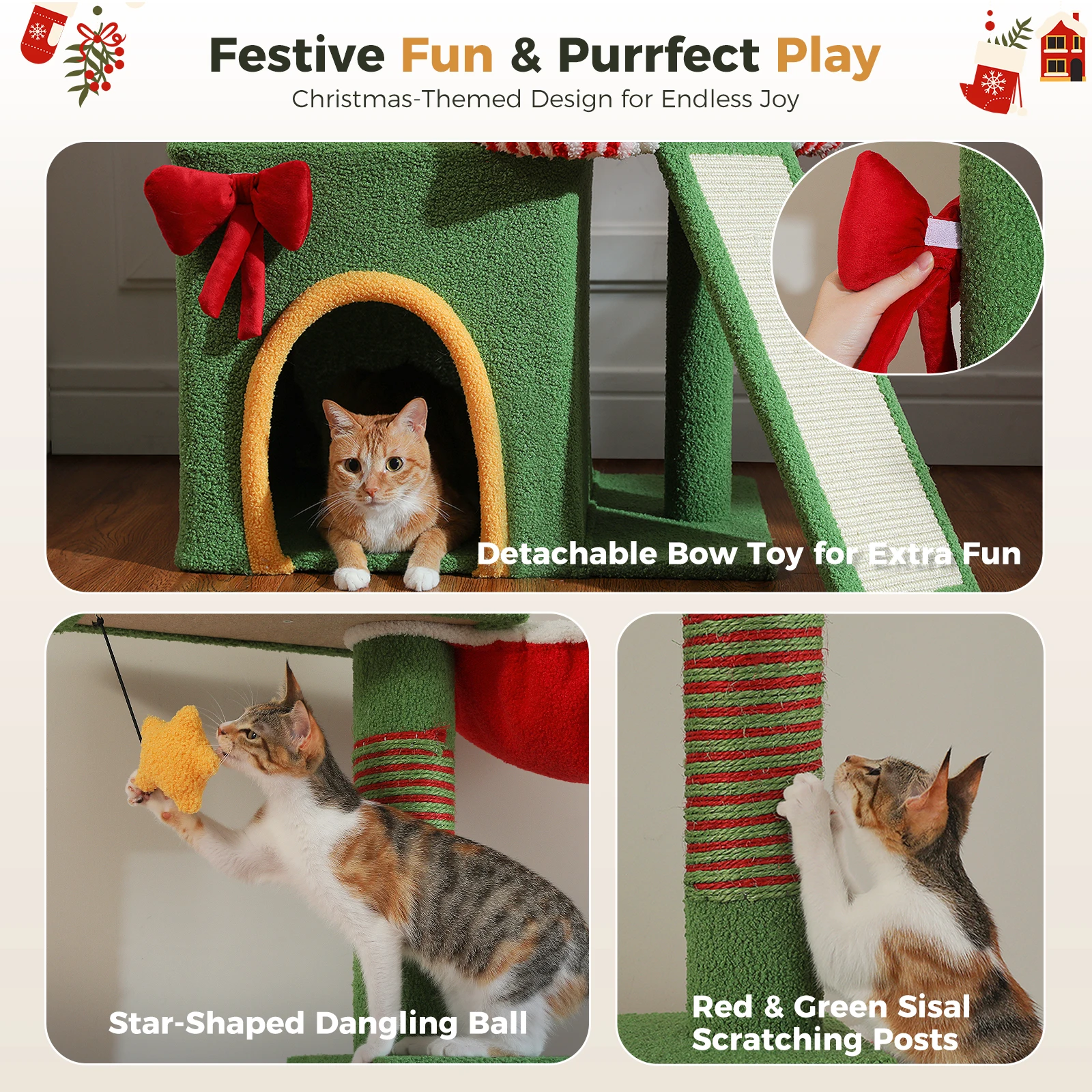 Árbol de Navidad para gatos de altura ajustable con 3 condones grandes, hamaca acogedora, postes rascadores gruesos, torre para gatos de suelo a techo, juguetes para gatos - imagen 5