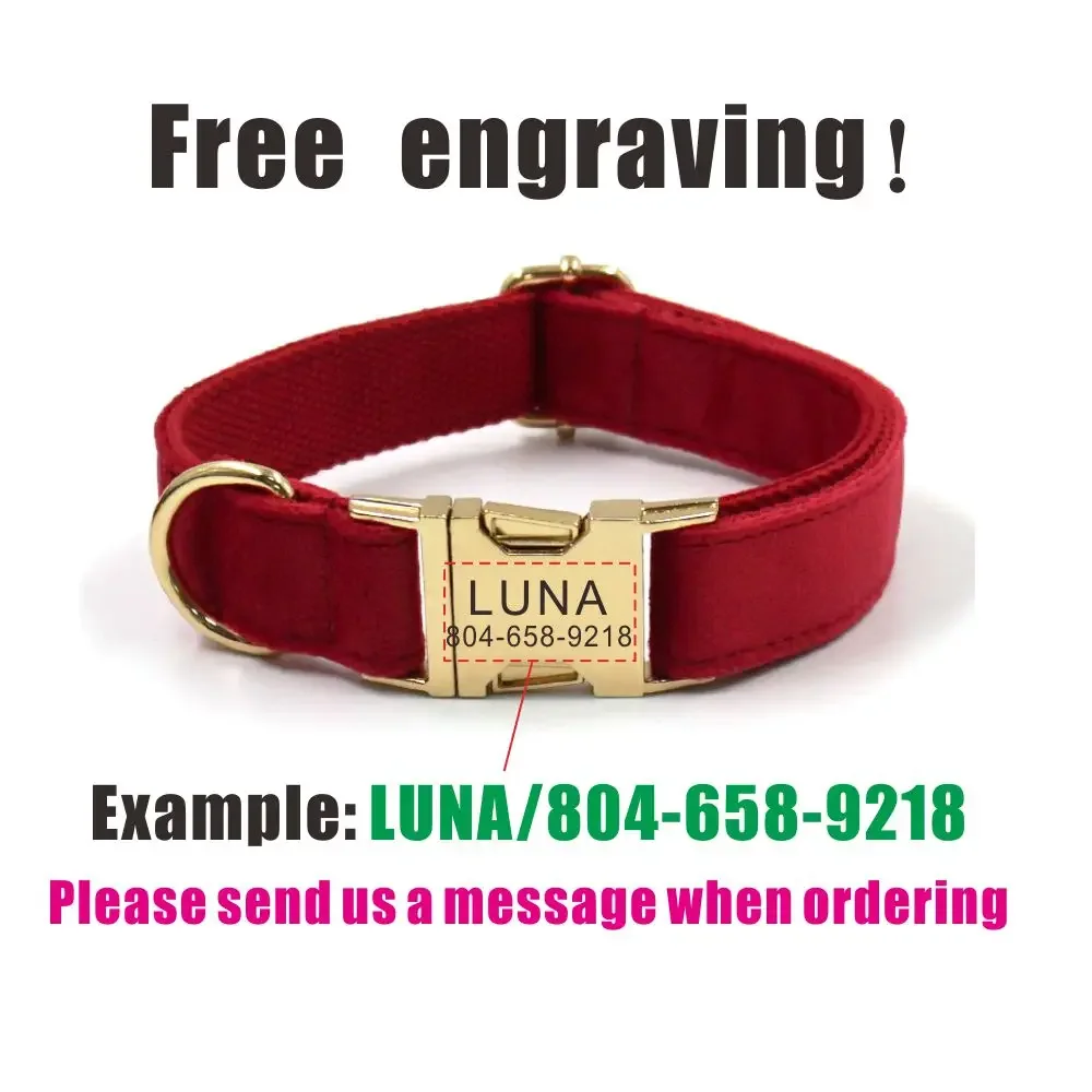 Collar personalizado para perro, correa de fibra de terciopelo rojo, grabado gratis, etiqueta de nombre de identificación, accesorio para mascota - imagen 4