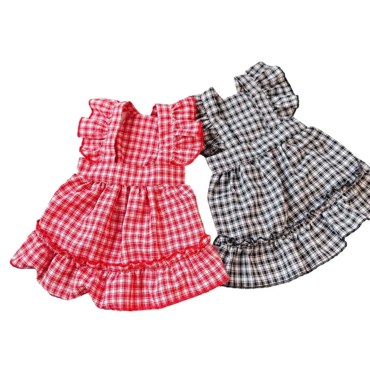 Chaleco de manga voladora a cuadros para mascotas, falda a cuadros roja bonita, ropa adecuada para cachorros de verano, ropa para perros pequeños, primavera y verano - imagen 5