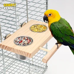 Comedero de acero inoxidable con soporte de madera para jaulas de pájaros