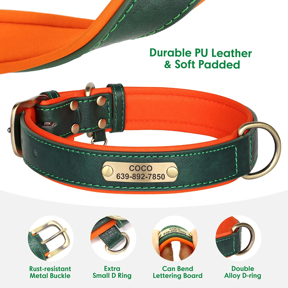 Collar de identificación de perro personalizado con correa, Collar y correa de cuero PU acolchado suave para perros, etiqueta antipérdida para perros pequeños, medianos y grandes - imagen 4