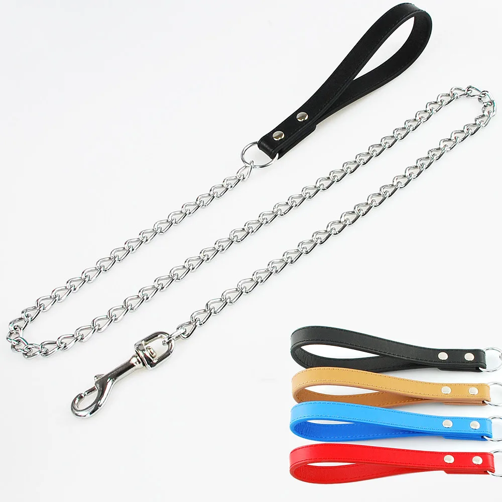 Cadena de Metal antimordida duradera para perros, correa de cadena para perros pequeños, medianos y grandes, mango de plomo, cadena de hierro de cuero PU, accesorios para mascotas
