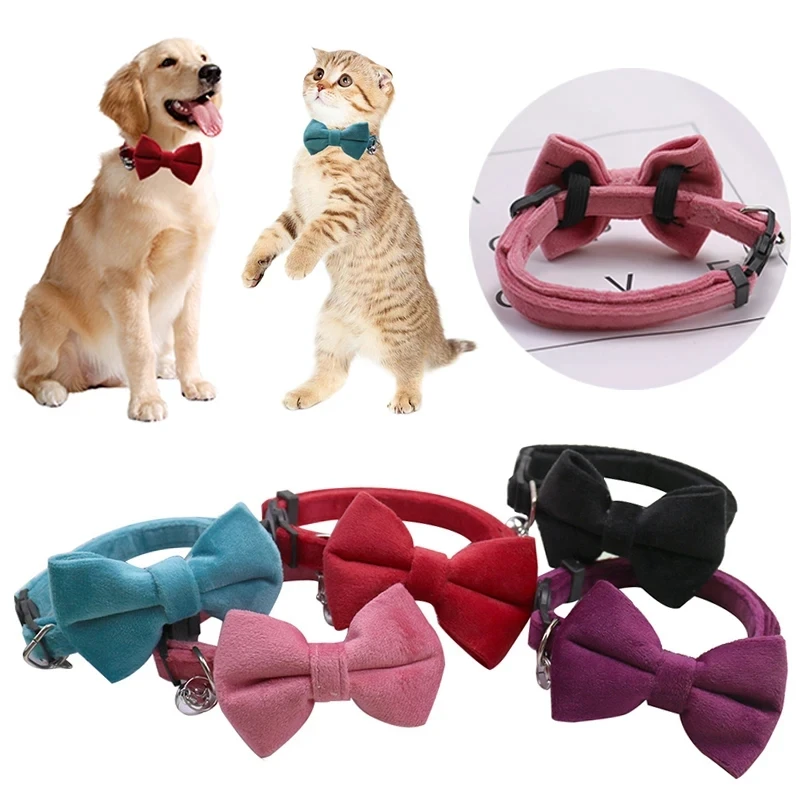 Collar de terciopelo con lazo para gato, hebilla de seguridad ajustable, pajarita para cachorros y gatitos, Collar para gatos de Color sólido con campana, accesorios para mascotas - imagen 3