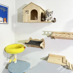 Villas para gatos montadas en la pared con varios estilos de camas para gatos, accesorios para escaleras de madera maciza, adecuados para gatos para jugar y descansar