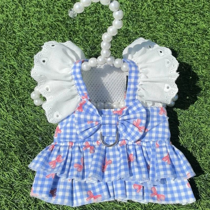 Ropa para perros, vestido de malla de verano, falda con arnés sin tirones y lazo azul para perros pequeños, ropa para perros Chihuahua, disfraz, vestidos para cachorros y niñas XS