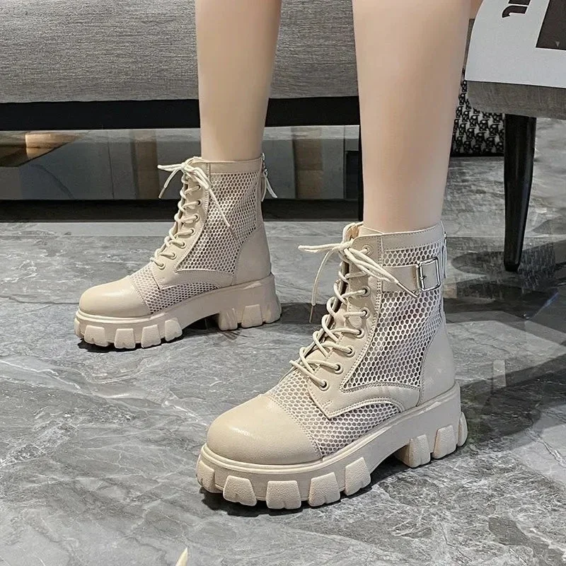 Botas de plataforma transpirables con hebilla para mujer, botines planos de malla con cordones, talla grande 43, Verano - imagen 5
