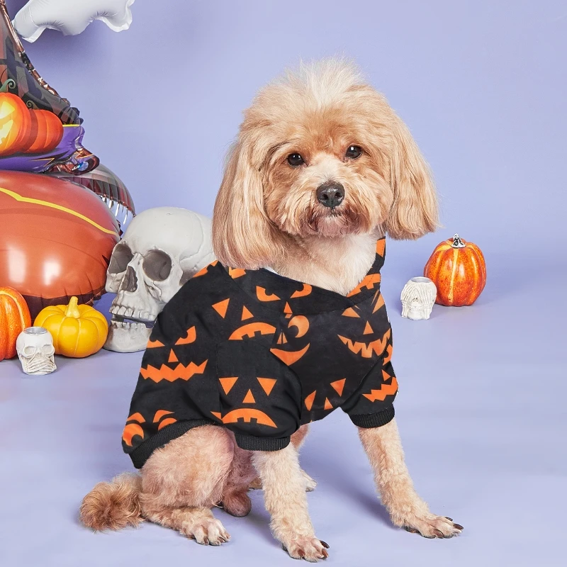 Black Hooded Halloween Dog Costume, Winter Warm Pumpkin Print Pet Sweatshirt, Small Dog Festive Outfit, Halloween Party Clothes - imagen 2