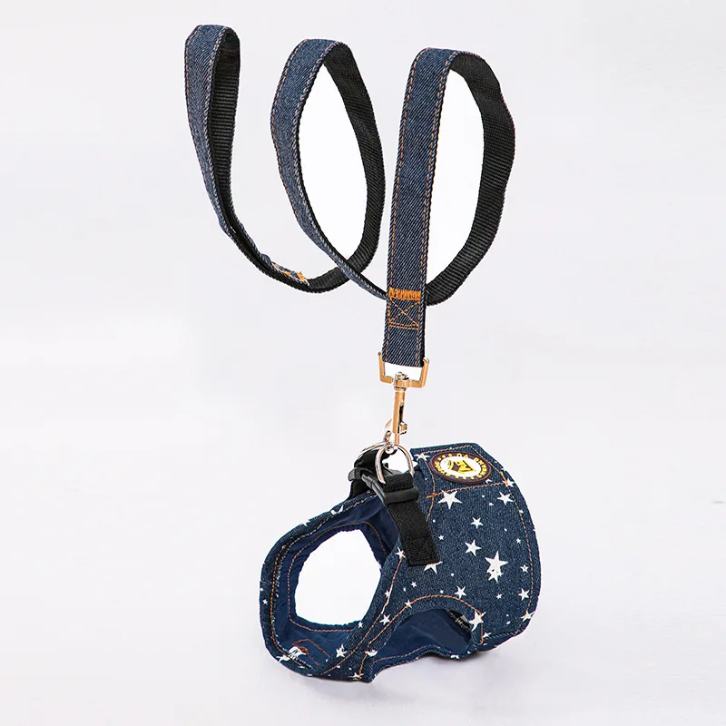 Juego duradero de arnés y correa de mezclilla para perros, paso ajustable en arnés ligero de chaleco vaquero para mascotas para perros pequeños y medianos Bulldog - imagen 3