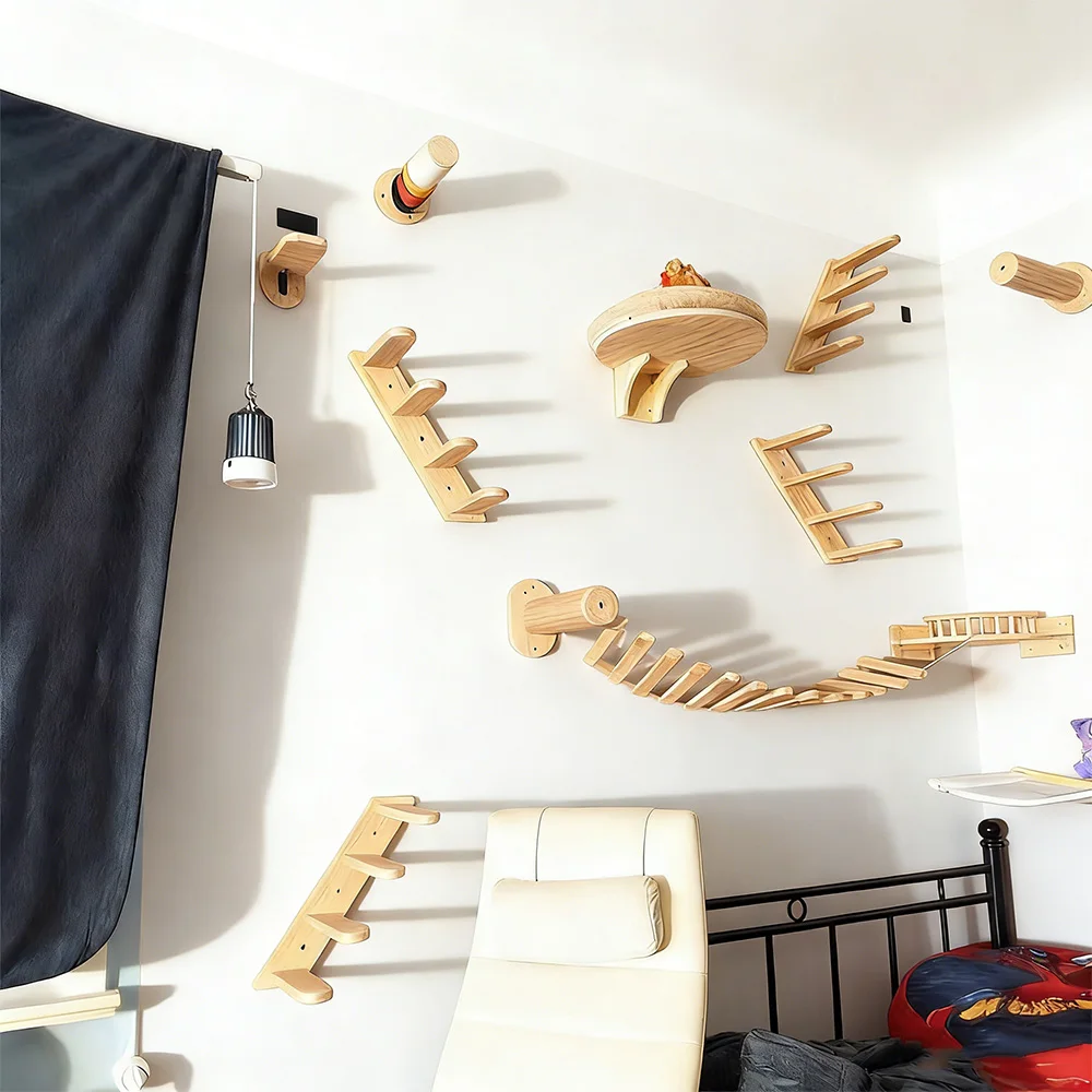 Estante de escalada para gatos en pared con pedales de madera y sisal