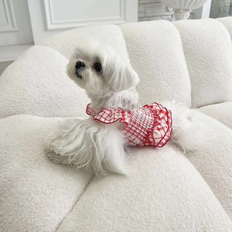 Ropa a cuadros para mascotas, camisola a rayas de verano, vestido camisola tejido hueco transpirable para gatos, ropa para cachorros para perros pequeños