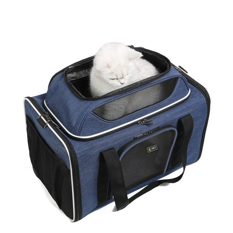 Bolsa transportadora para mascotas transpirable con diseño de malla, transportador plegable para cachorros de viaje con espacio superior expandible, bolsas de lados suaves para perros, azul