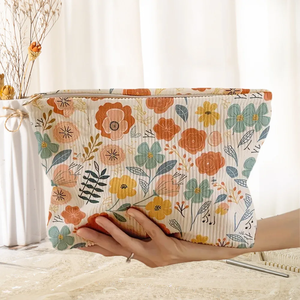 1 bolsa de maquillaje de pana con estampado floral, caja de almacenamiento de maquillaje ligera con cremallera, bolsa multifuncional con forro - imagen 2