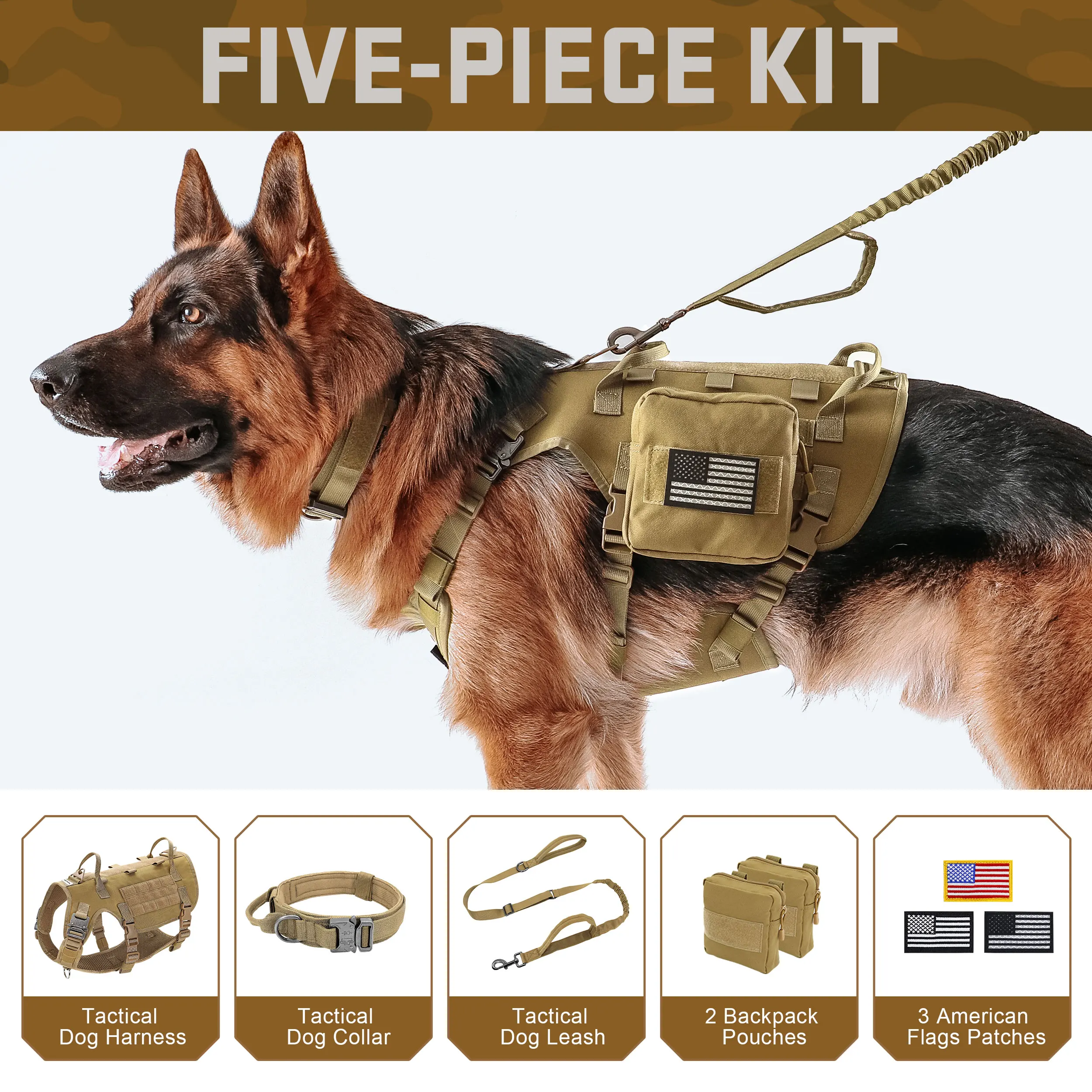 Arnés táctico militar para perros, conjunto de correa con bolsas, banderas, arneses duraderos para mascotas, chaleco, collares, correas para entrenamiento de perros - imagen 2