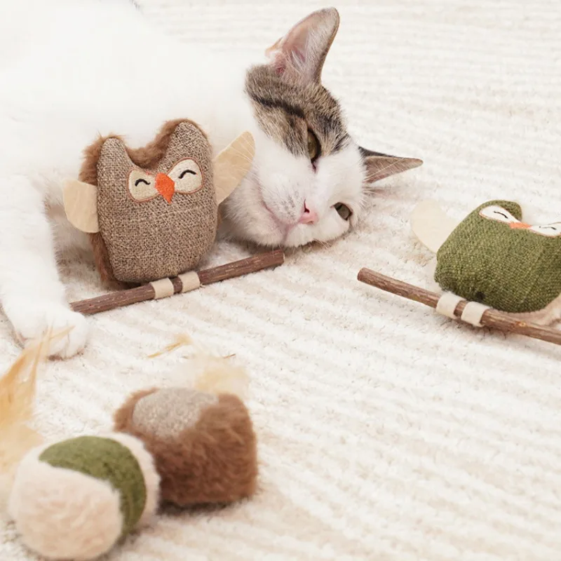 Juguetes para masticar para gatos con Actinidia Polygama, juguetes de hierba gatera en forma de búho para interiores, suministros interactivos suaves y duraderos de lino para gatitos, productos para mascotas - imagen 3