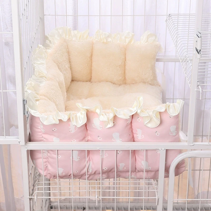 Estera de jaula para gatos cálida de invierno con correas de amarre, almohadilla de cama gruesa de felpa para mascotas, cubierta extraíble para gatitos, perros pequeños, uso en interiores