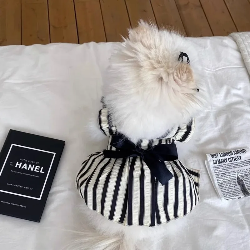 Camiseta sin mangas con mangas voladoras a rayas para mascotas, vestido dibujable con lazo, camiseta sin mangas pequeña de Teddy Yorkshire, ropa para perros pequeños - imagen 3