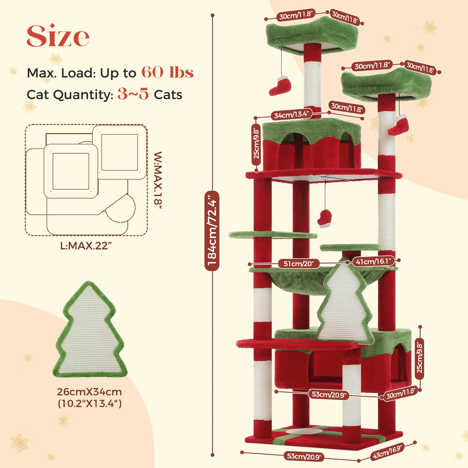 Torre de árbol de Navidad para gatos de 184cm con 2 perchas acolchadas, poste para rascar cubierto de Sal, casa doble y cesta para gatos grandes de interior - imagen 5