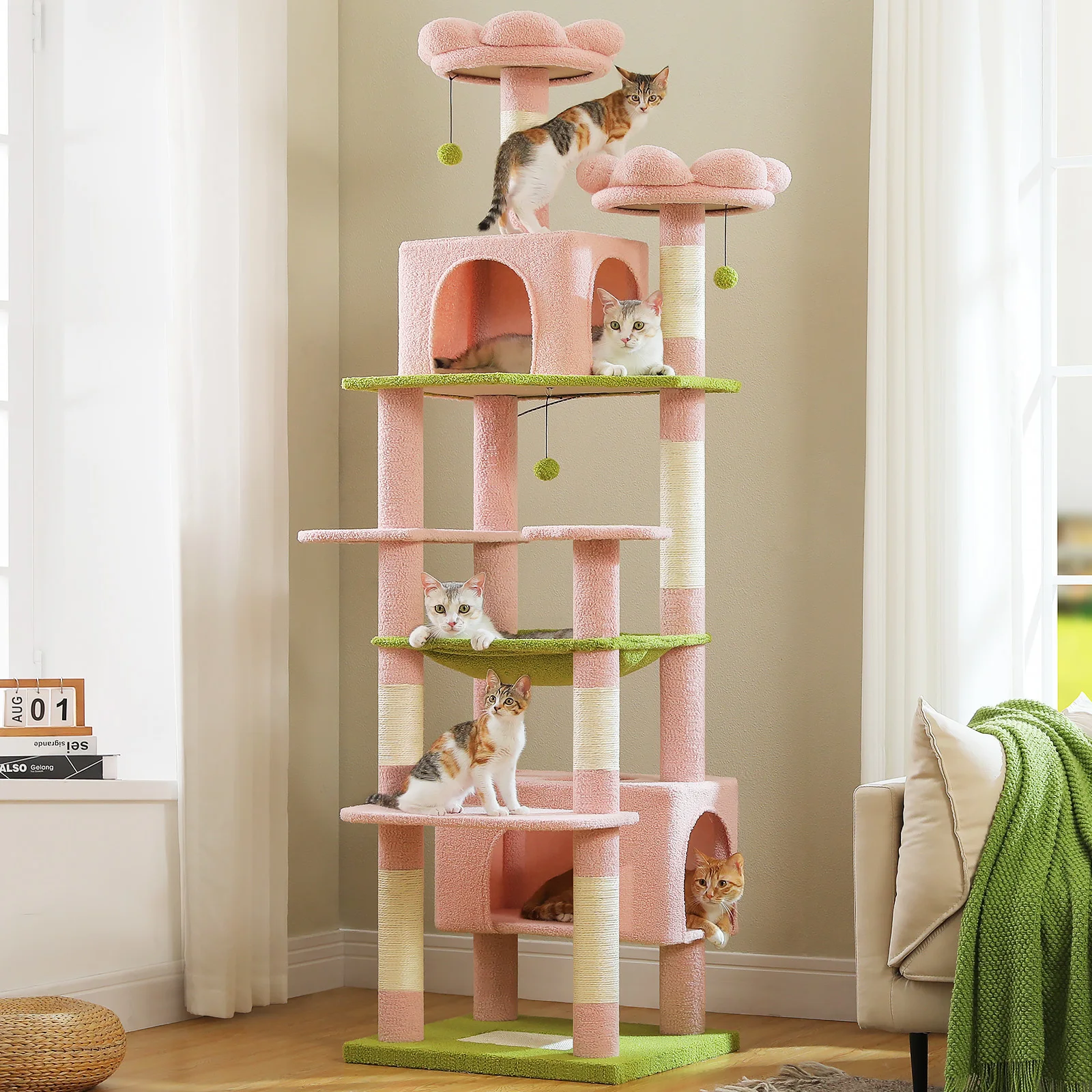 Torre de árbol para gatos de 205cm de alto condón doble, hamaca y perchas de gran tamaño, condón extra grande XL con postes rascadores para gatos grandes - imagen 5