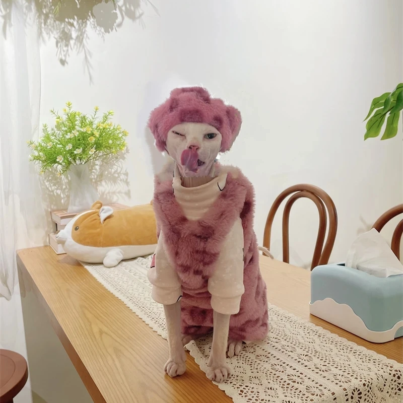 Traje de sombrero de suéter de 4 patas de vellón cálido de invierno para Sphynx Chaleco sin mangas azul grueso para gato Abrigo de leopardo suave para Devon Rex - imagen 4