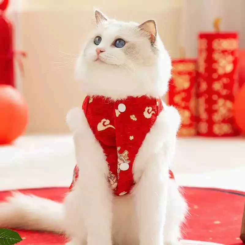 Ropa para perros de estilo chino, mono para perros de Año Nuevo, chaqueta cálida para cachorros, abrigo, peleles de gato con borlas de lujo, monos para mascotas, disfraz para perros - imagen 3