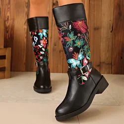 Botas floridas hasta la rodilla con tacón grueso para mujer