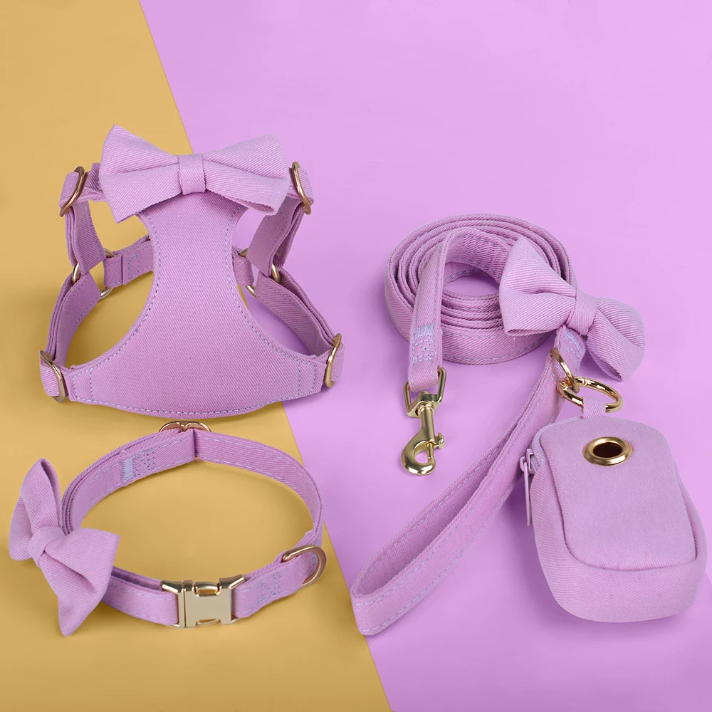 Collar de nailon para perro, conjunto de correa con bonito pajarita, Collar para perro, bolsa para caca de cachorro, chaleco con arnés suave para perros pequeños y medianos, 5 colores - imagen 3