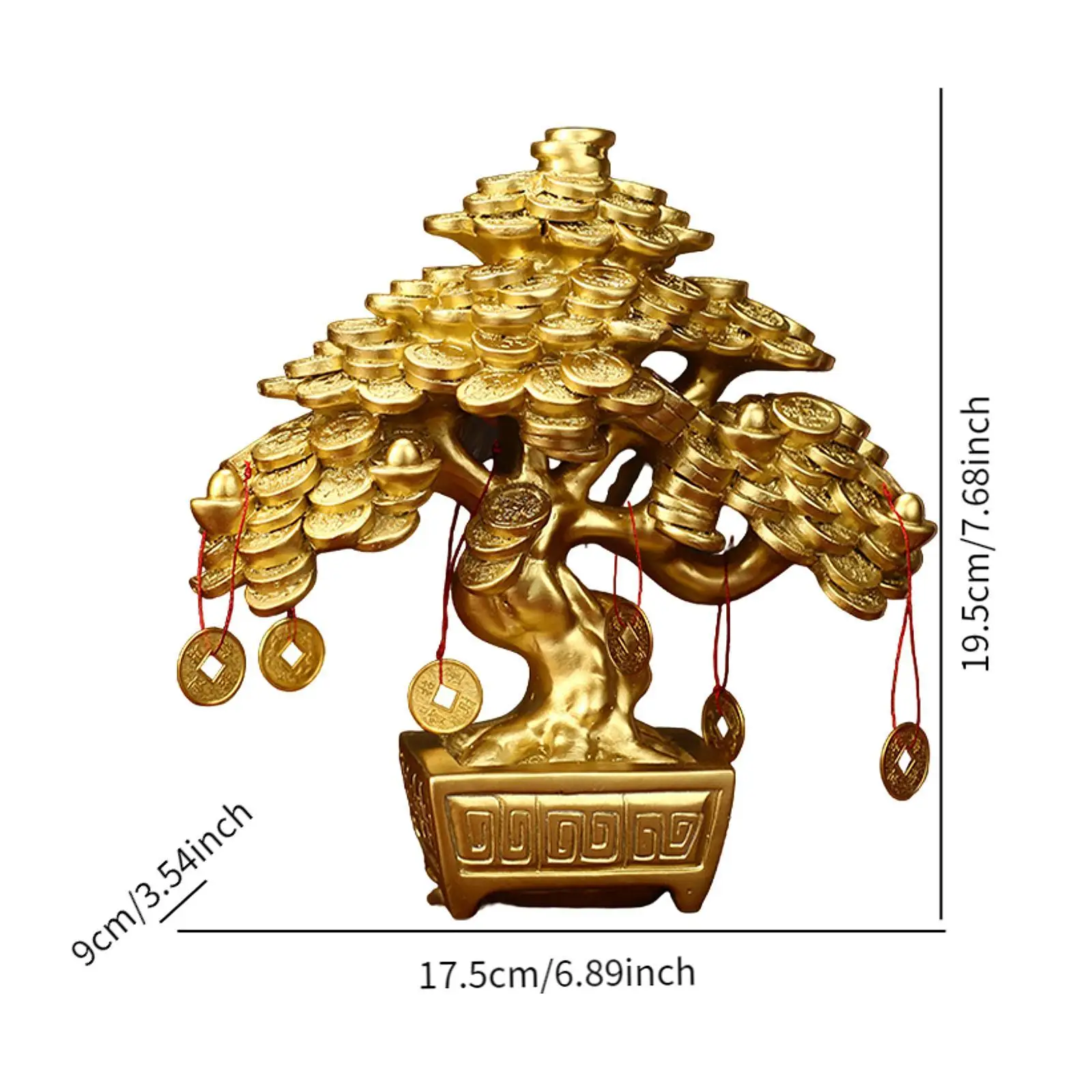 Chinese Money Tree Tabletop Decoration Golden Color Feng Shui Decoration Resin Figurine 17.5x9x19.5cm for Bedroom Lightweight