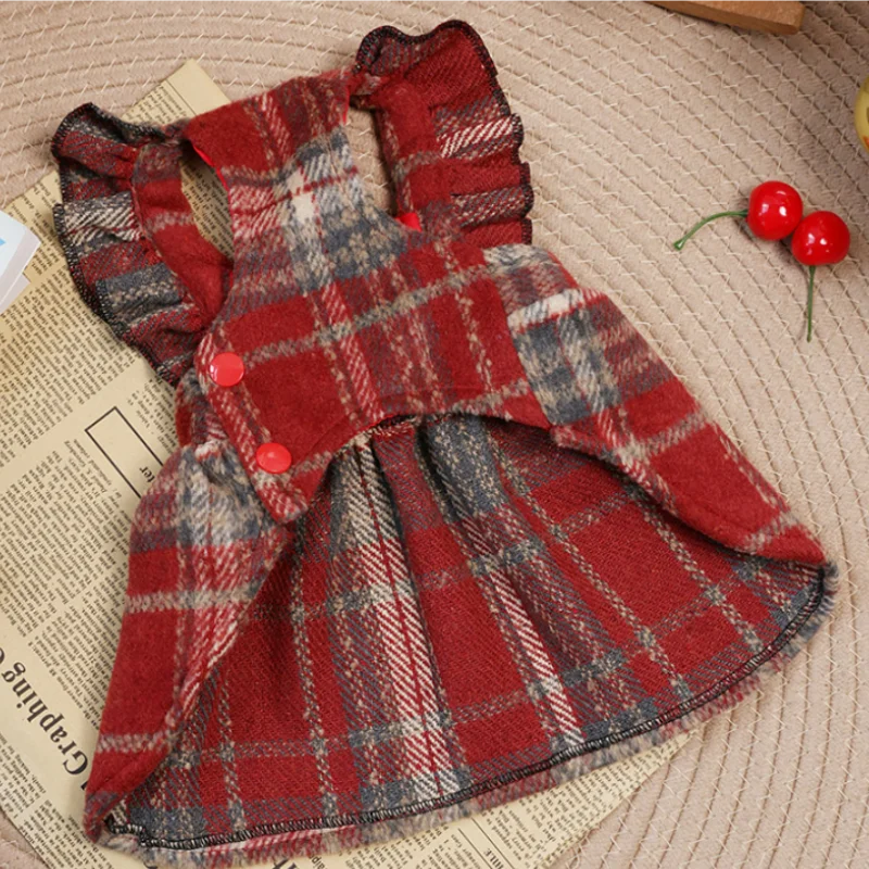 Conjunto de traje navideño de invierno para perros, vestido rojo a cuadros con lazo, abrigo para perros pequeños, ropa de moda de peluche/schnauzer