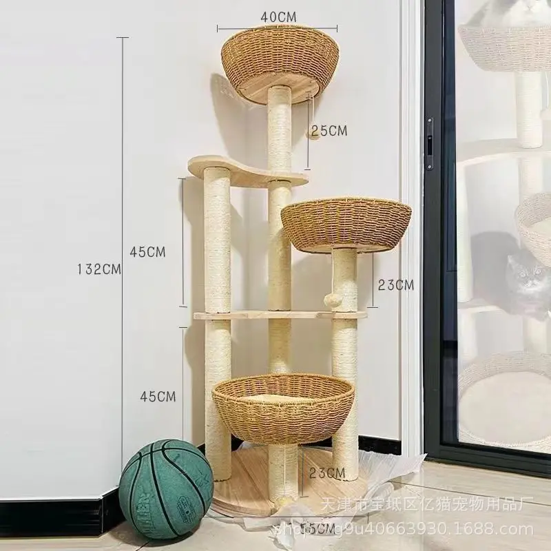 Estante para gatos en madera maciza con nido y columna de sisal
