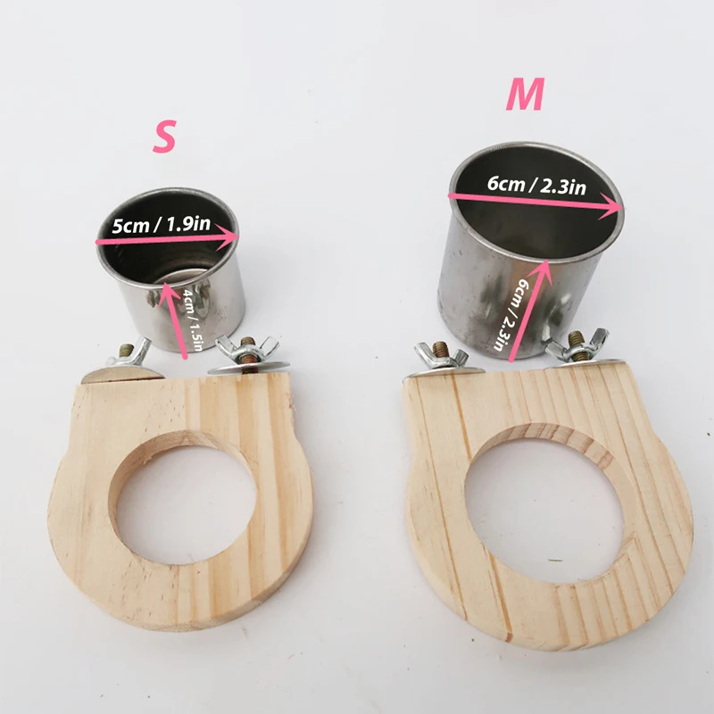 Tazas de alimentación para loros, comedero para pájaros, plato extraíble de madera y acero inoxidable, cuencos de comida con soporte de abrazadera para jaula para animales pequeños - imagen 3