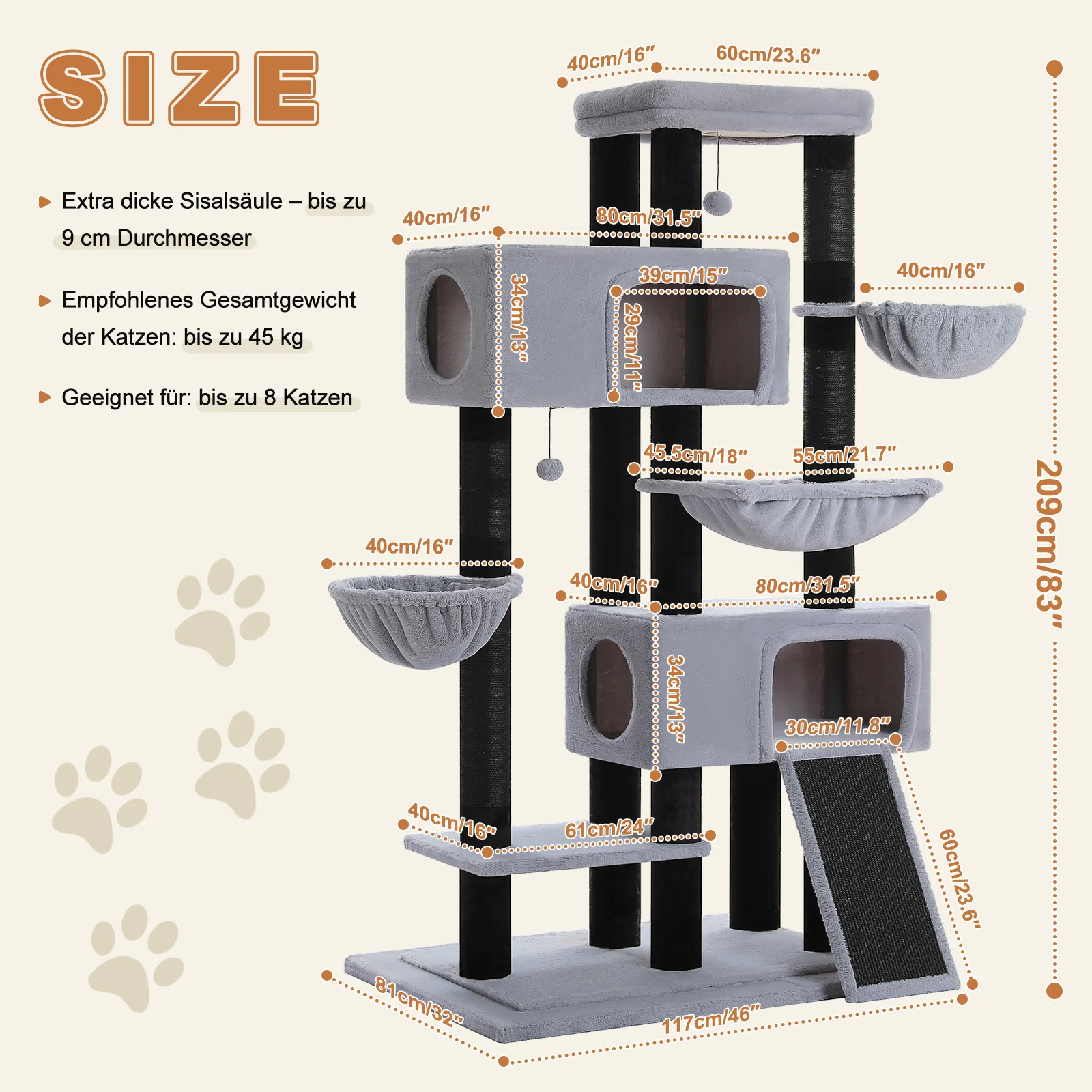 Árbol para gatos multinivel con postes de sisal y hamaca