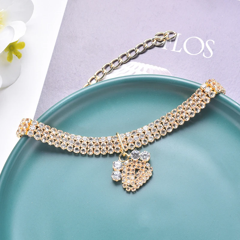 Collar de oro rosa con forma de pata para perro, Collar de circón sólido encantador para perros York, collares de gatito dorado, accesorios ajustables para mascotas y gatos - imagen 2