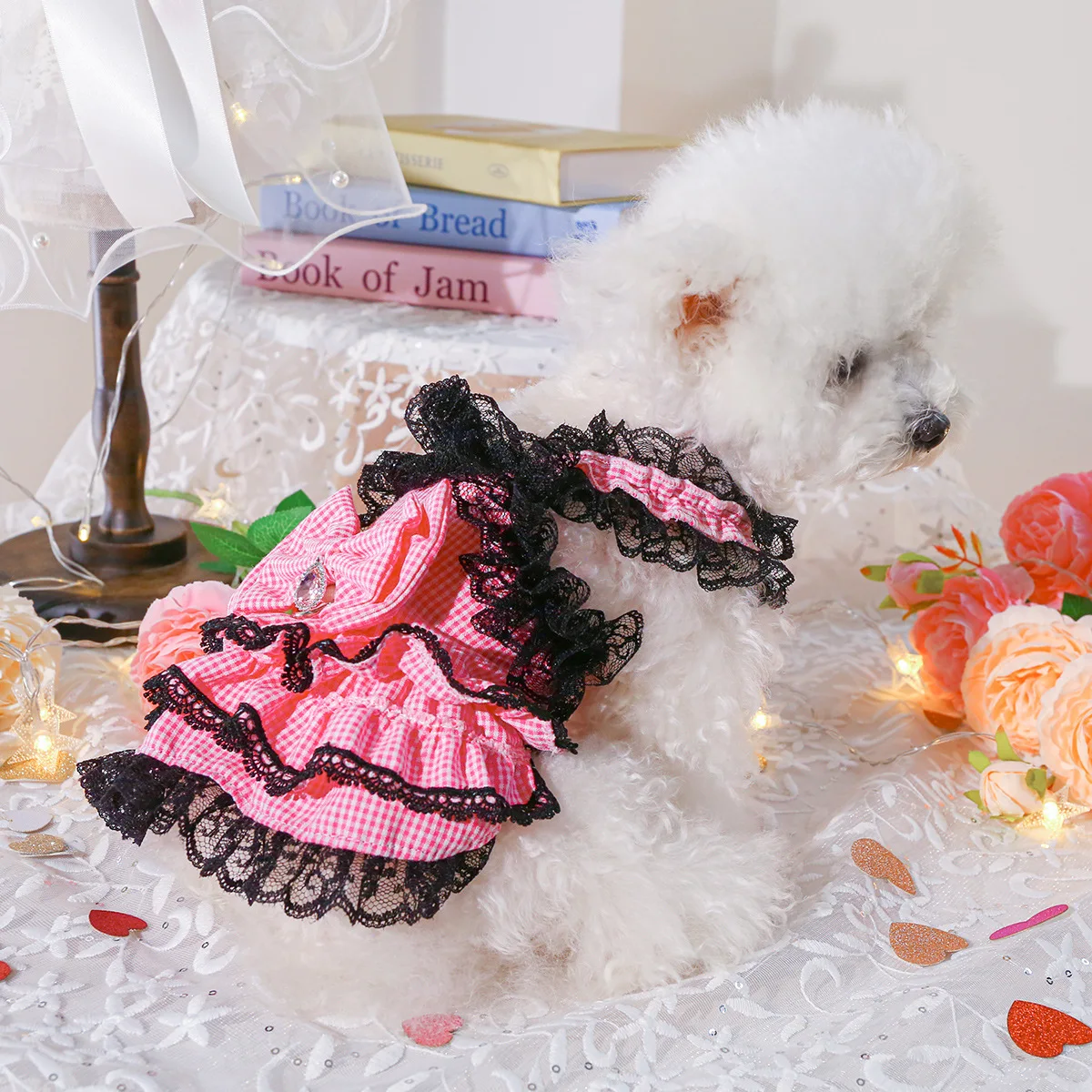 Vestido especial para mascotas del Día de San Valentín, traje rosa de chicle recortado con encaje para perros pequeños y gatos para ocasiones festivas - imagen 2