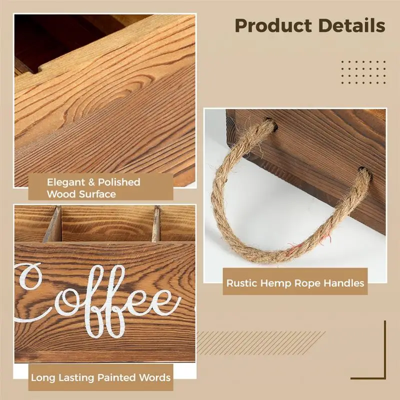 Organizador de barra de café, estación de café de madera con 3 divisores extraíbles, caja de almacenamiento para cápsulas de café, taza de papel, pajitas, decoración de barra de café - imagen 4
