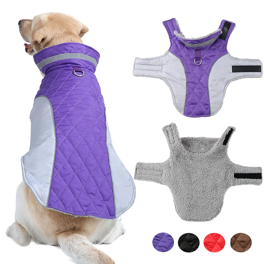 Ropa reflectante para mascotas para perros pequeños y grandes, chaleco de lana grueso y cálido para perros, abrigo para invierno, Parka a cuadros para cachorros con anillo en D Labrador