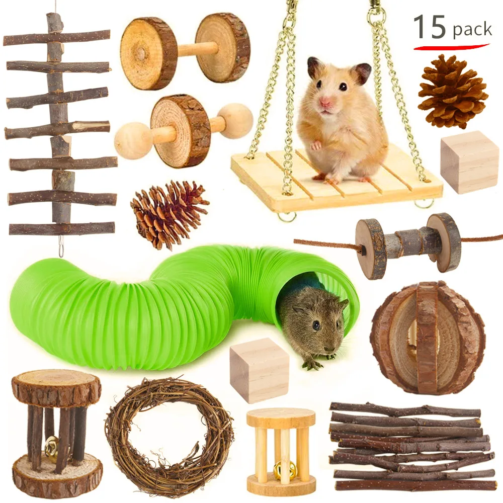 Combinación de juguetes para hámster, conejo, rata, juego de juguetes para hámster, mascota, conejillo de indias, loro, juego Molar, suministros de madera - imagen 2