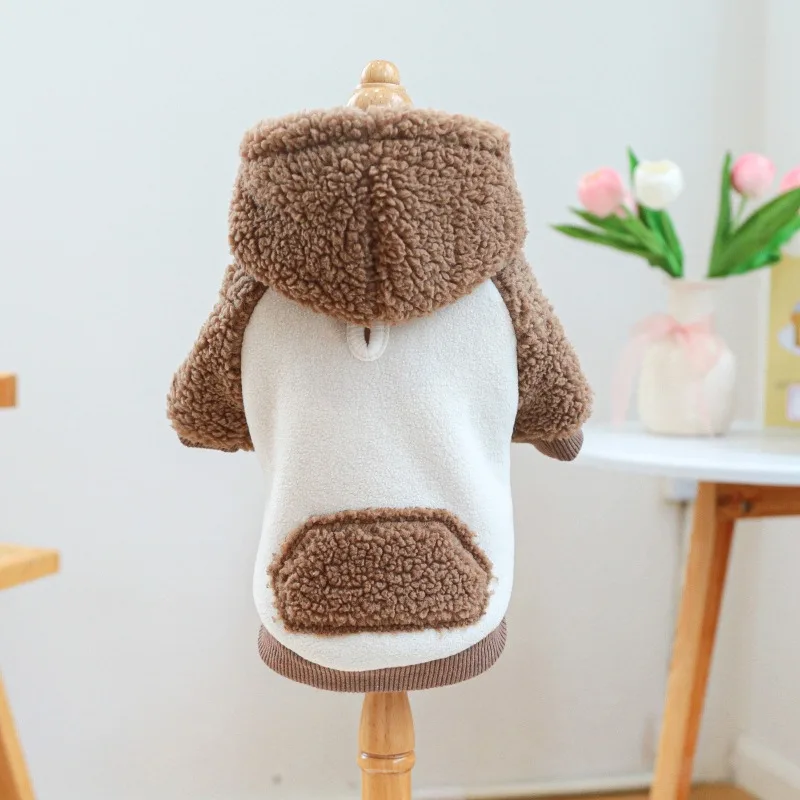 Abrigo de felpa para cachorros, Sudadera con capucha de cuello alto de lana de cordero para invierno, sombrero de felpa para mascotas, abrigo informal para gatos, ropa para perros pequeños - imagen 4