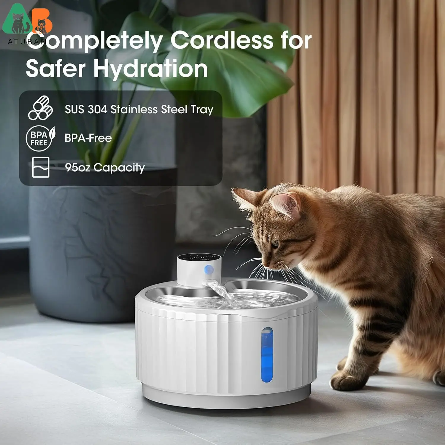 ATUBAN Fuente de agua inalámbrica para gatos, fuente de agua para mascotas con pilas de 95 oz/2,8 L para fuente de agua automática para perros, bomba silenciosa