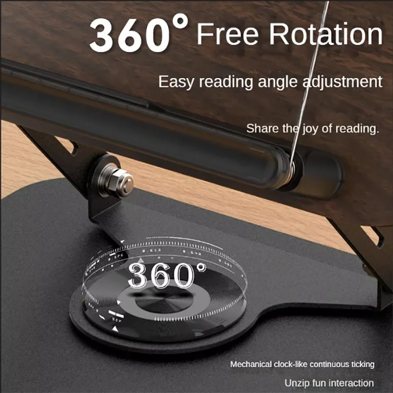 Soporte para libros de lectura, soporte para ordenador portátil con 360 °   Panel de madera con base giratoria y clips de página plegables y ángulos para libros de texto - imagen 5