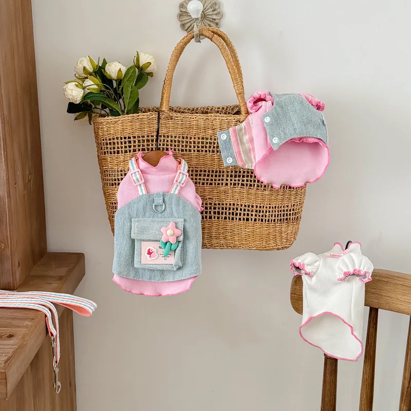Lindo chaleco vaquero para perros de otoño, conjunto de vestido con correa para perros pequeños, Chihuahua, cachorro Bichon caniche, ropa para exteriores - imagen 3